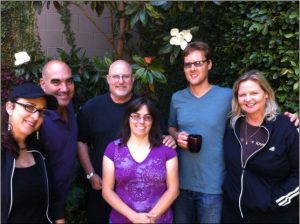 The Michelle Pollace "New Beginning" recording band. L to R: Rebeca Mauleon (producer), Carlos Caro (percussion), David Belove (bass), Michelle Pollace (piano), Phil Hawkins (drums), and Kristen Strom (saxophone). Photo by Justin Lieberman.