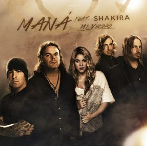 Mexican rock band Maná with Latin music star Shakira.